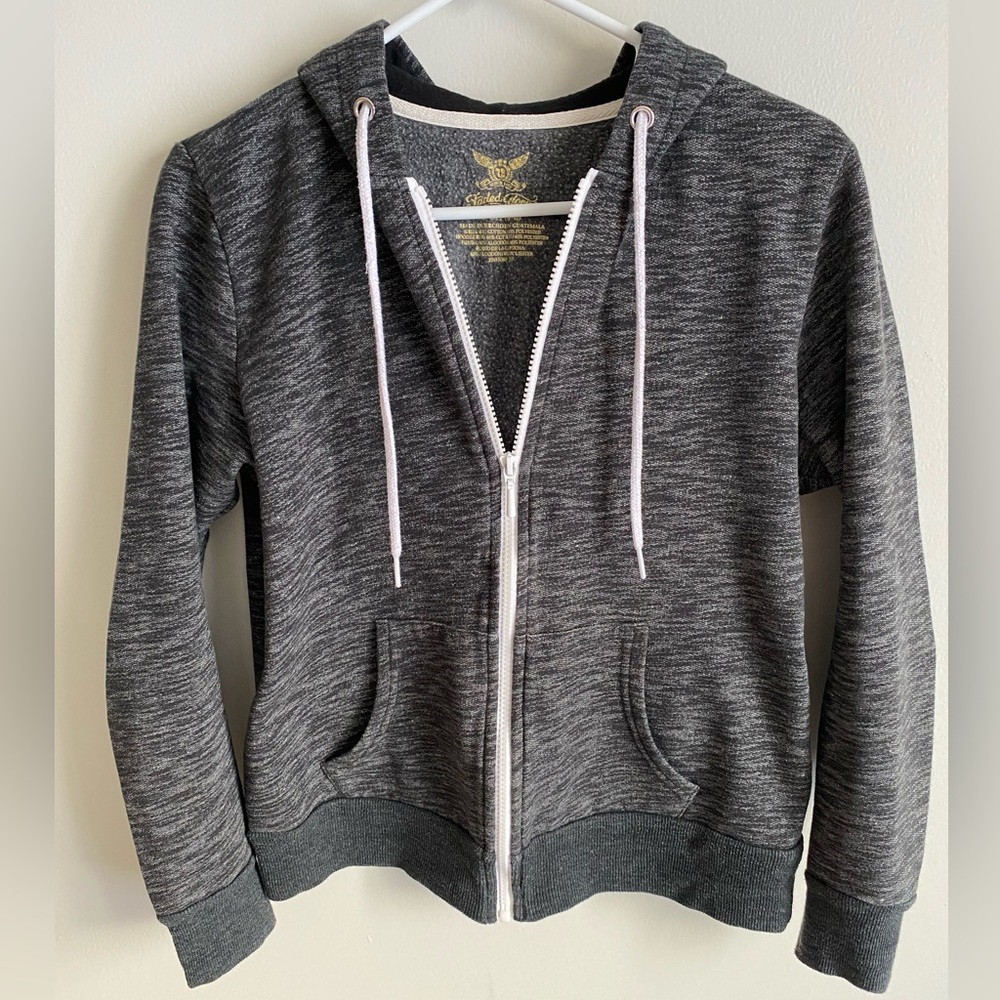 Faded Glory Gray Full-Zip Hoodie Sweatshirt with White Zipper & Strings